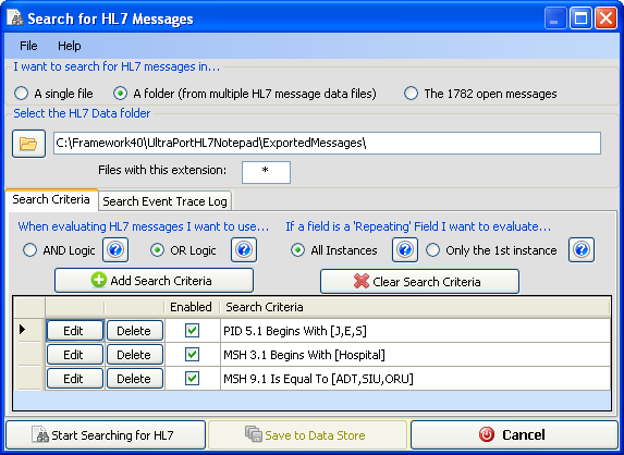 HL7 Message Search Window HL7 Message Search Window